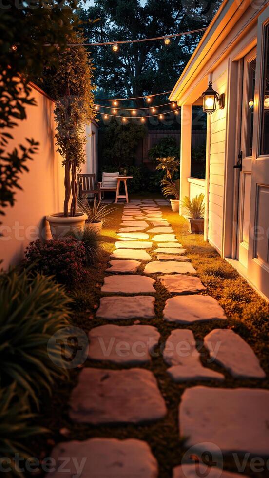 stone pathway leads a cozy outdoor space photo