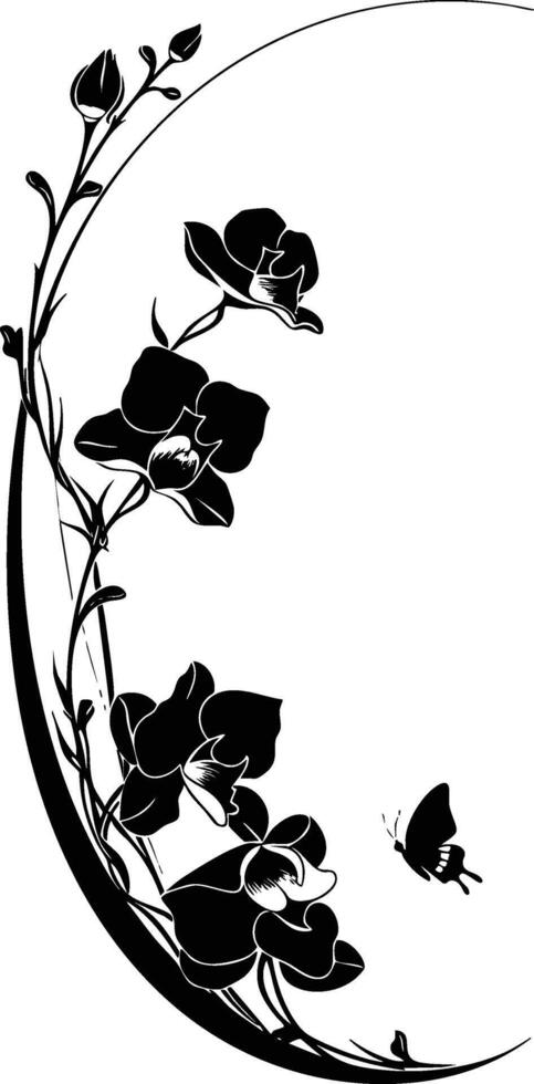 Black and white orchid flowers and butterfly vector