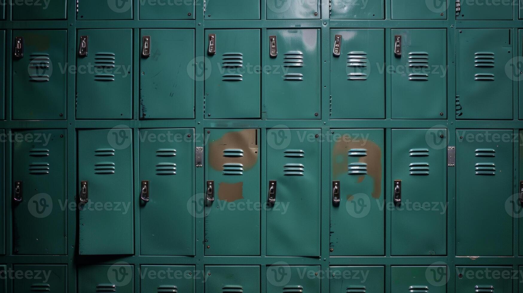 Rows of teal blue school lockers showing age and wear photo
