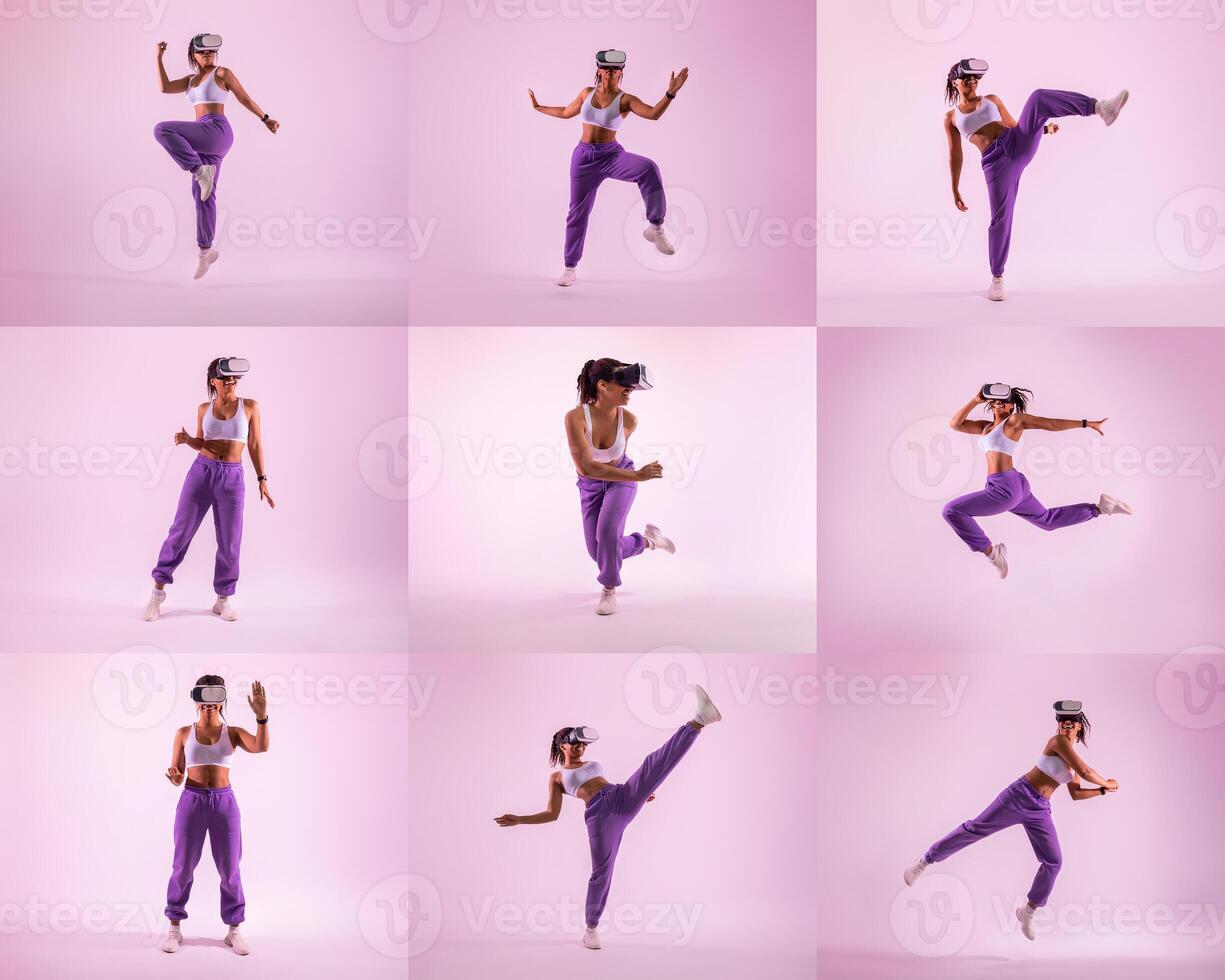 A dancer engages in dynamic movements using a virtual reality headset. The vibrant atmosphere highlights her creativity and energy in a playful and modern dance practice. photo