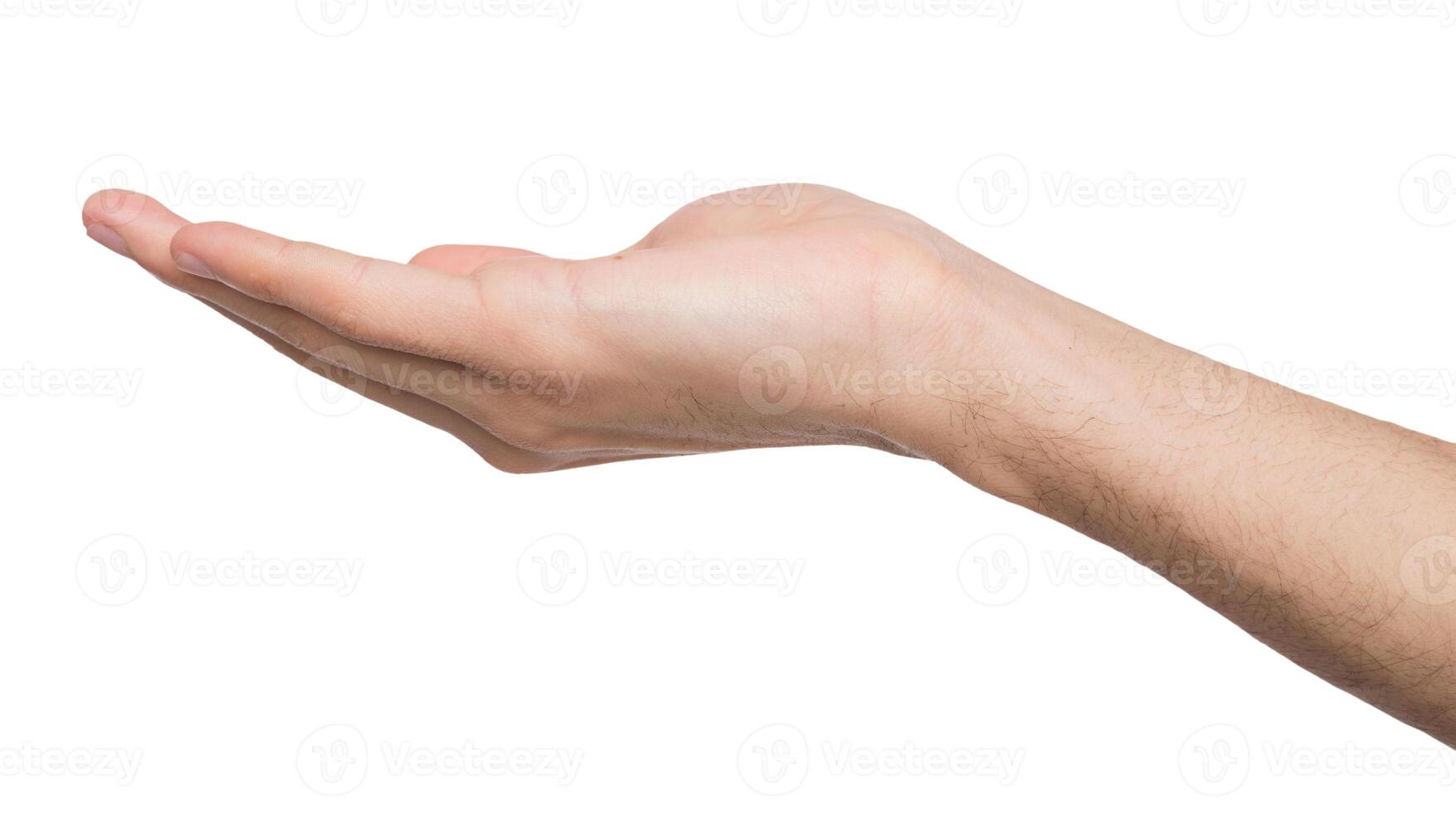 Outstretched male hand, man keeping empty cupped palm on white isolated background - offering or begging concept, close-up, copy space, cutout photo
