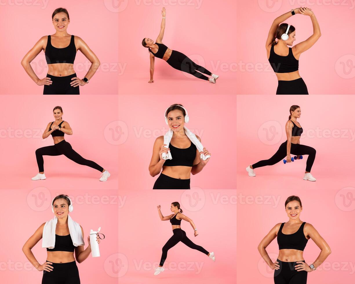 A woman demonstrates different workout routines, including lunges and stretches, while wearing athletic attire and headphones, showcasing an active lifestyle against a vibrant pink backdrop. photo