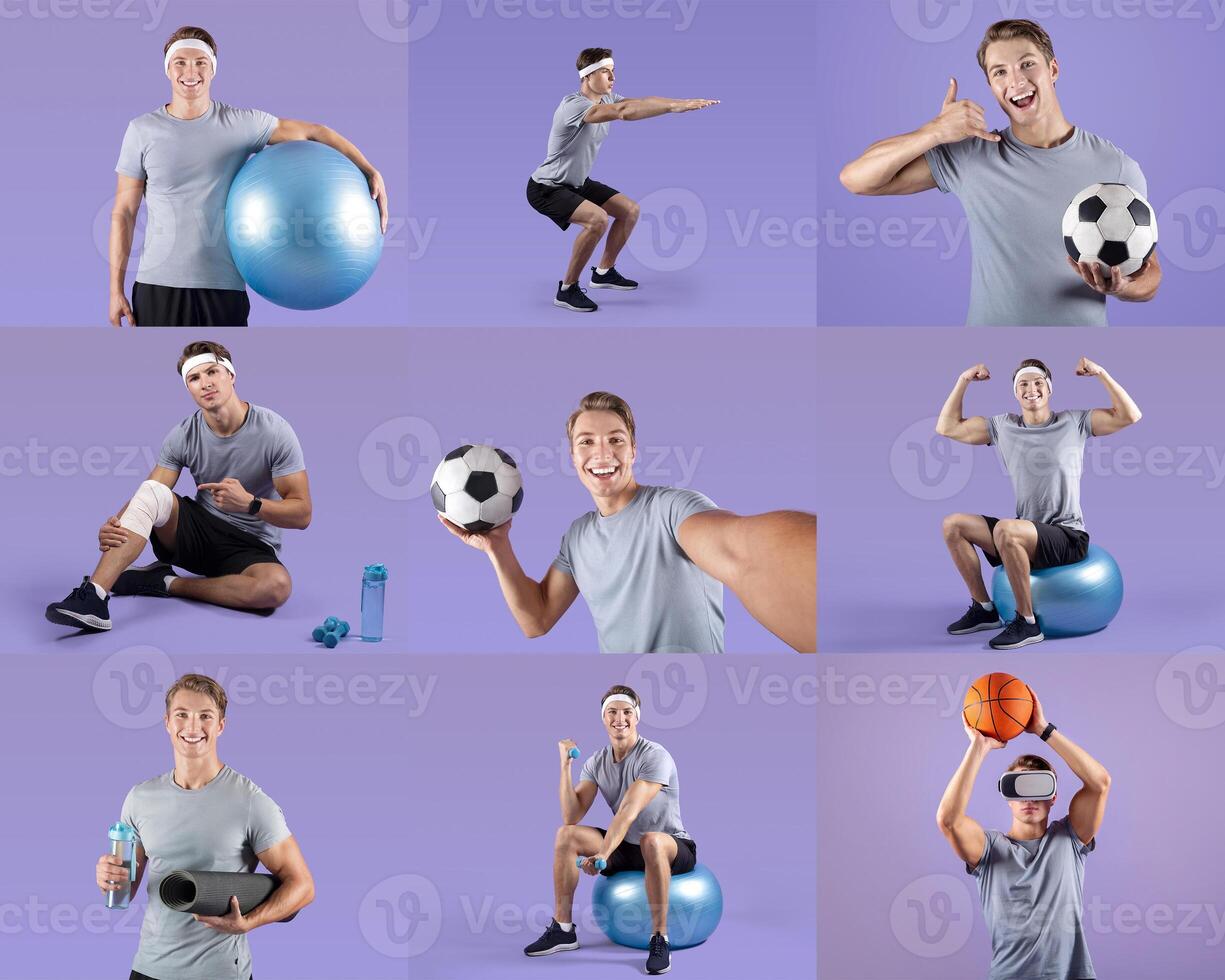 A young man engages in multiple fitness activities, including stretching with a stability ball, performing squats, and holding sports equipment like a soccer and basketball. photo