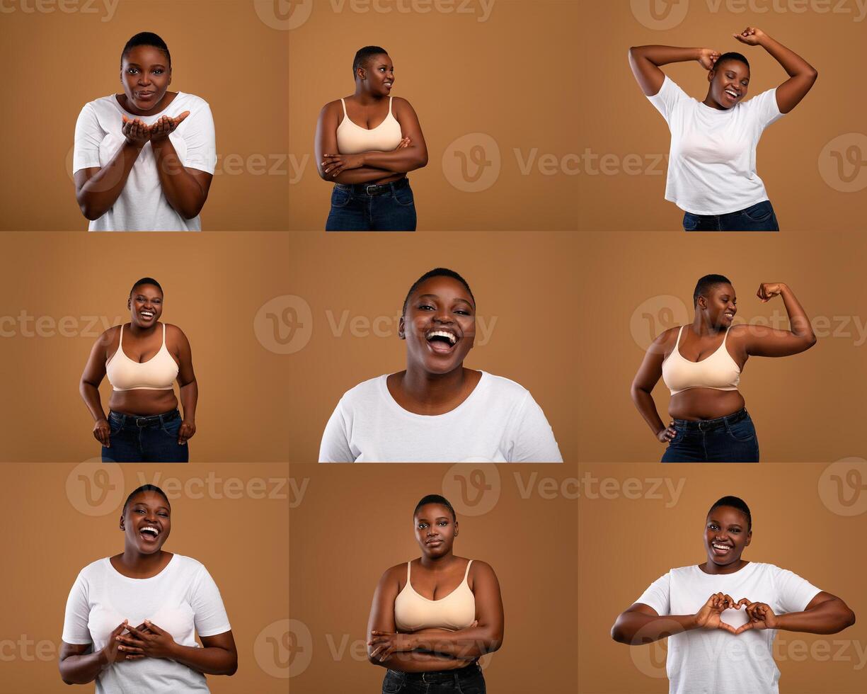 Obese black woman expresses a range of emotions and poses, demonstrating joy, confidence, and playfulness. The warm backdrop complements her vibrant energy and diverse expressions. photo