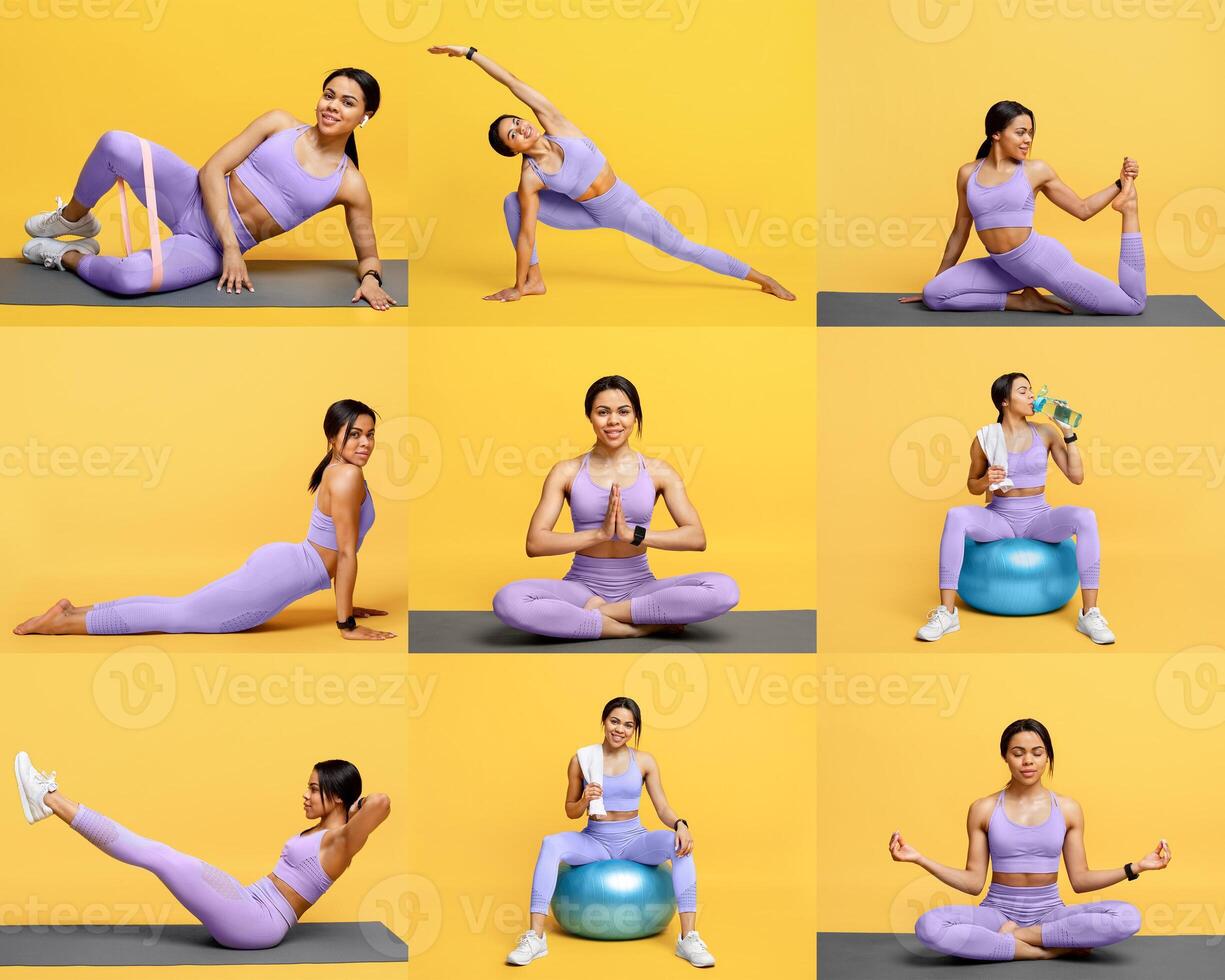 African American woman performs a series of exercises including stretching and balance routines, showcasing her fitness skills against a vibrant yellow backdrop, emphasizing health and well-being. photo