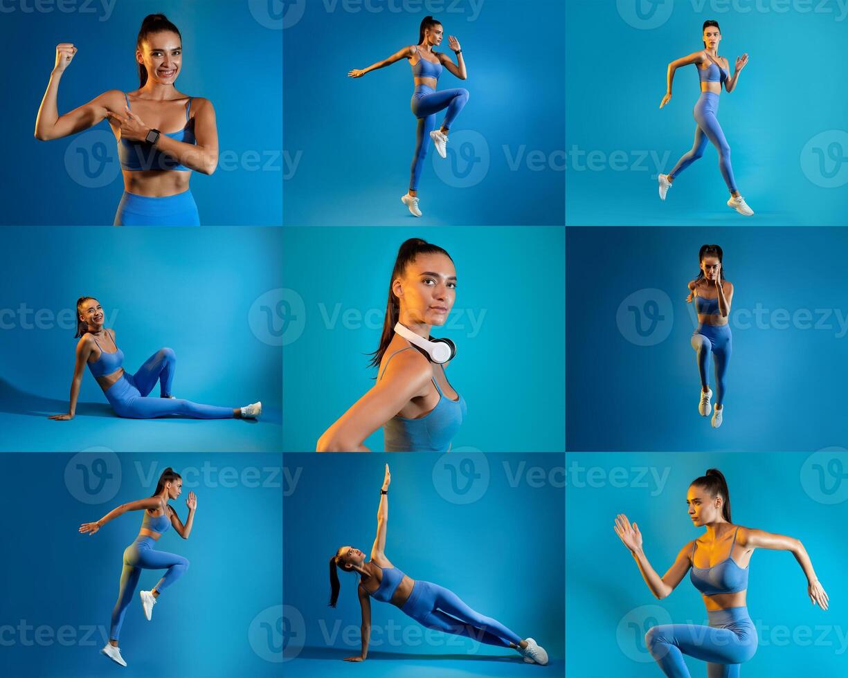 A fitness enthusiast demonstrates different exercises like running, stretching, and strength training against a vibrant blue background. photo