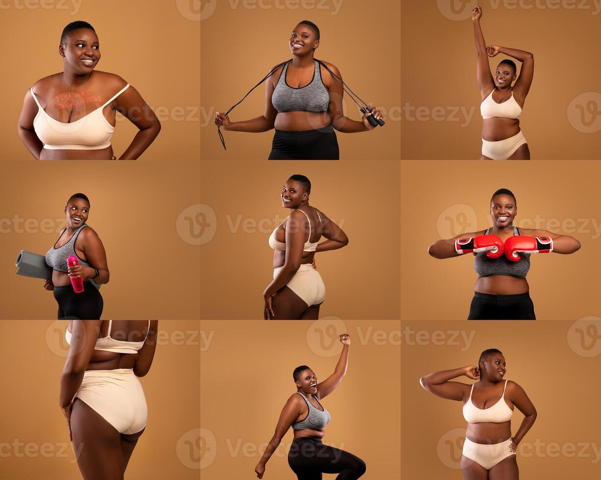African American obese woman expresses her fitness journey through various poses, highlighting her strength and confidence in a warm-toned indoor setting. Each pose reflects joy and empowerment. photo