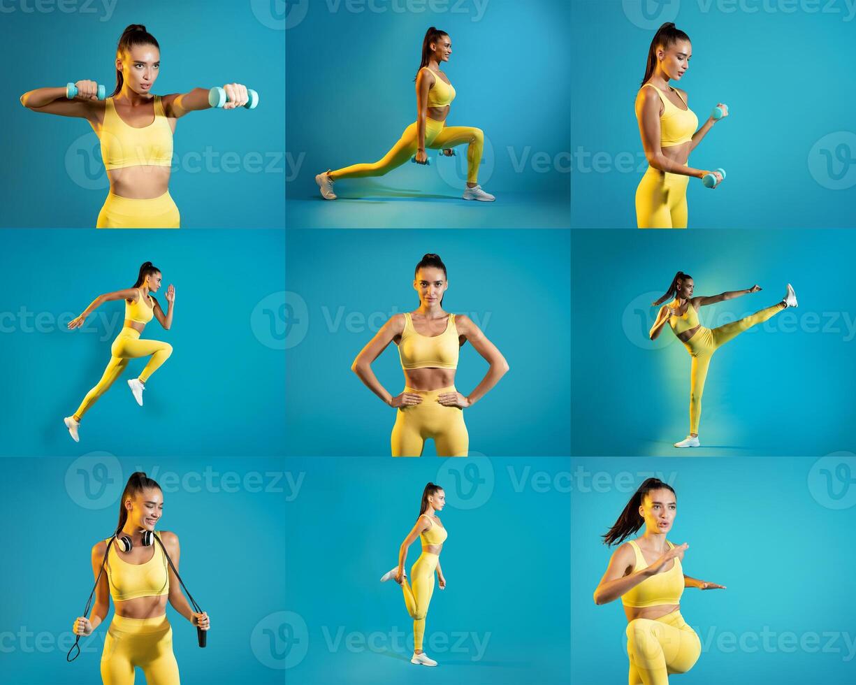 A fitness enthusiast performs various exercises including lunges, arm lifts, and stretches, all while wearing bright yellow workout gear. photo