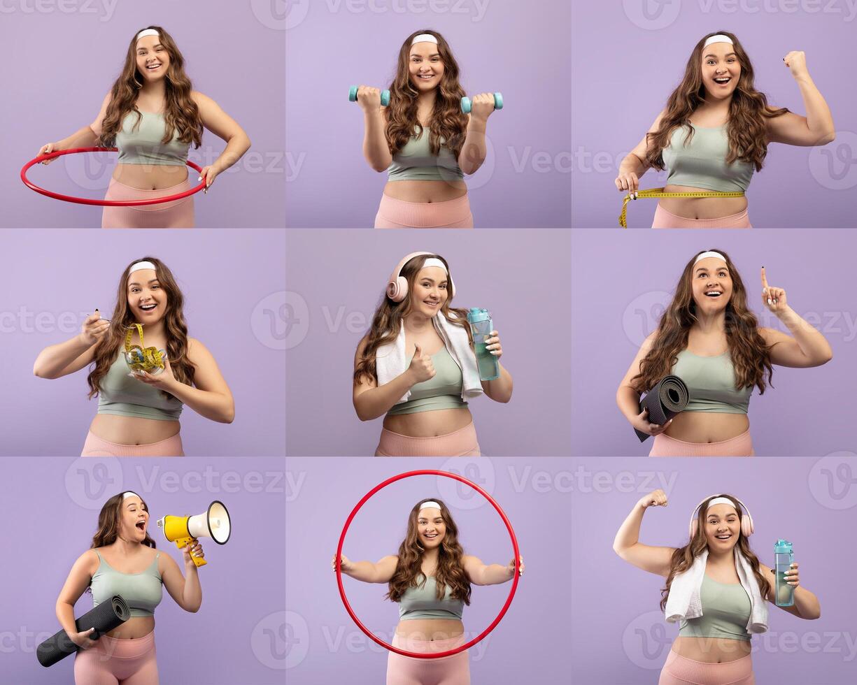 A cheerful overweight woman showcases different fitness activities, including hula hooping and using weights, all while dressed in casual workout attire against a vibrant backdrop. photo