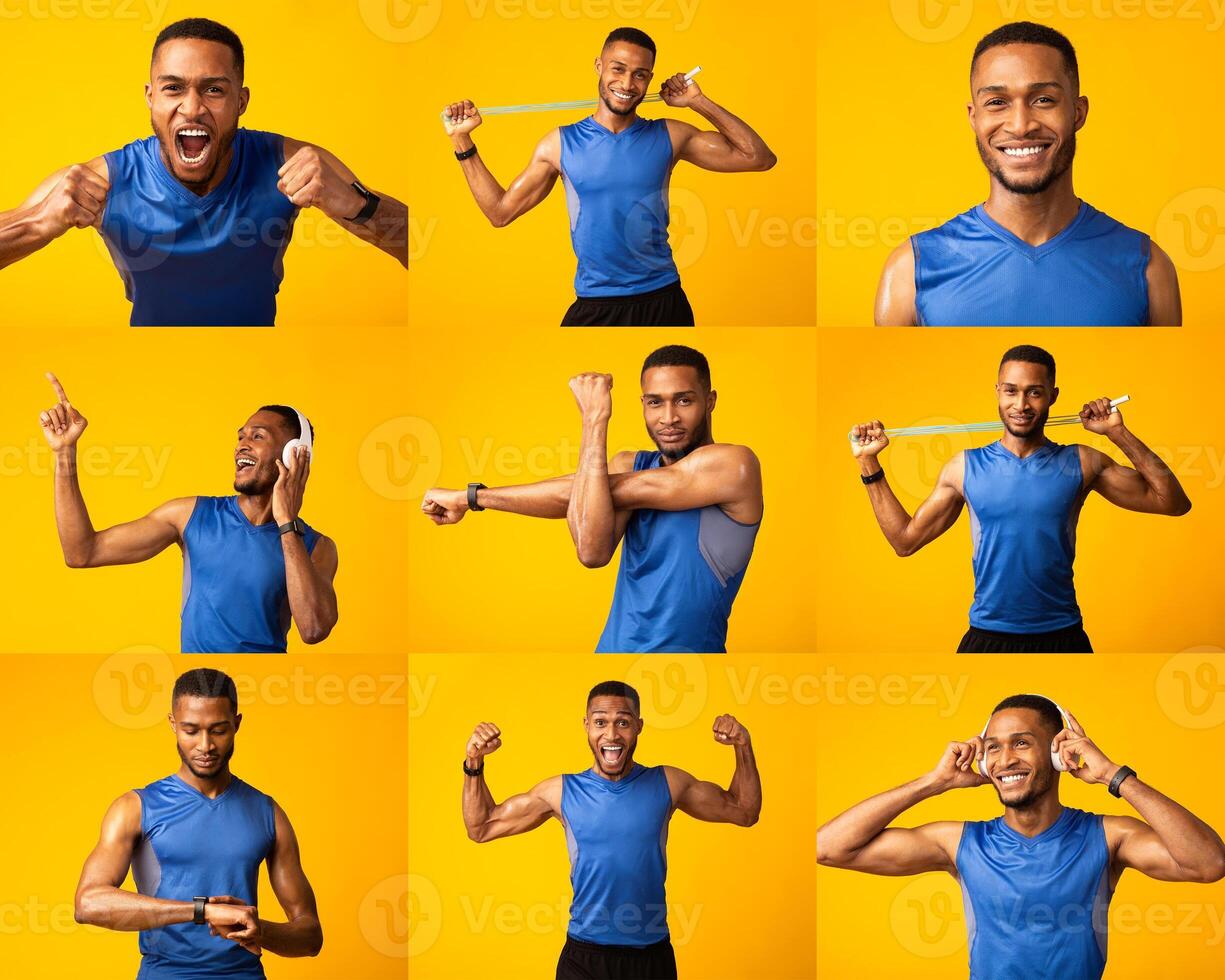 A young man displays a range of fitness poses, expressing enthusiasm and confidence. His blue athletic shirt contrasts with a bright yellow backdrop, capturing a lively atmosphere. photo