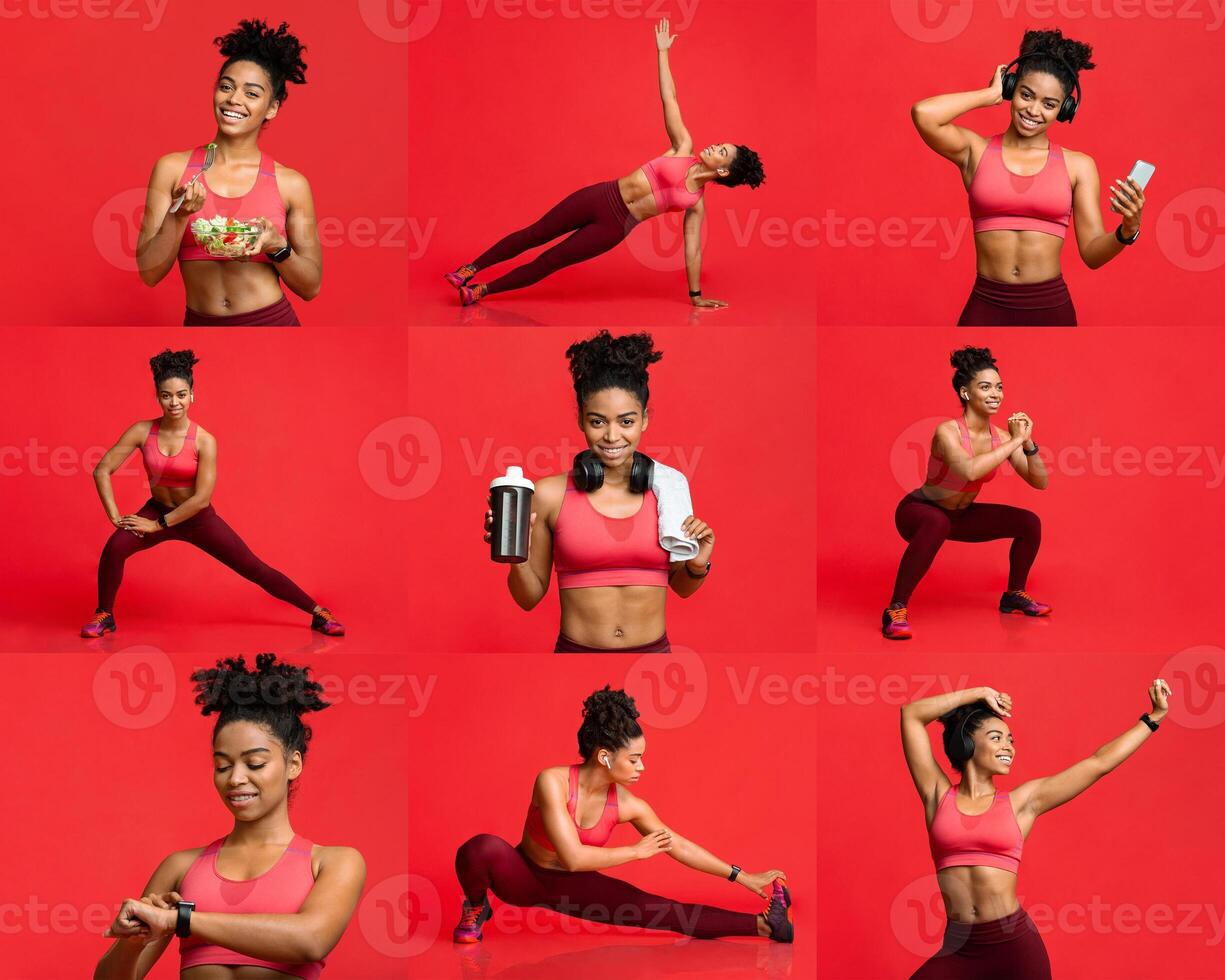This energetic black lady showcases a variety of fitness activities, including stretching, pushing exercises, and using workout gear, highlighting an inspiring commitment to health and wellness. photo