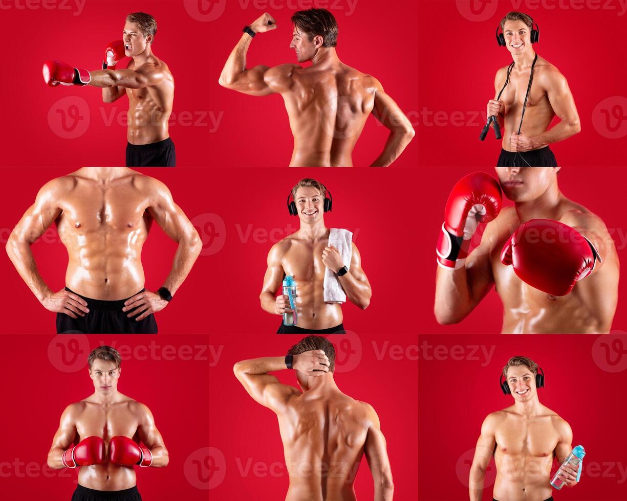A fitness enthusiast demonstrates various boxing poses while wearing headphones and using gloves. The bright red background accentuates his muscular physique and dedication to training. photo