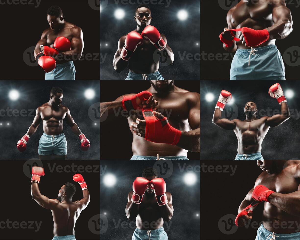A boxer showcases his skills in various poses, wearing red gloves and shorts, illuminated by dramatic lighting. The atmosphere exudes intensity and focus on training. photo