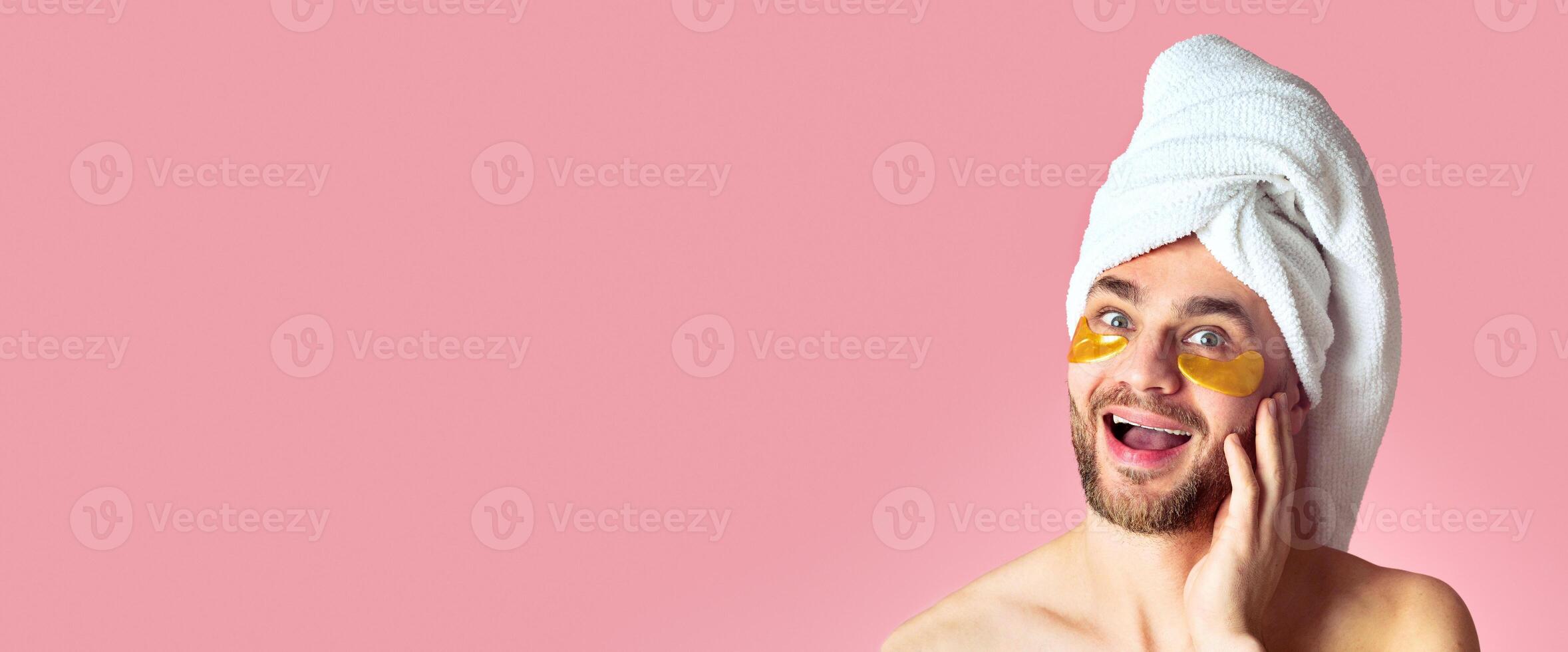 Man takes care of his appearance with eye patches, free space photo