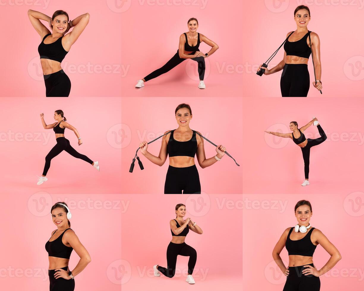 A fit woman engages in various workout poses, showcasing exercises like lunges and jumps. The vibrant pink background adds energy to her dynamic fitness routine. photo