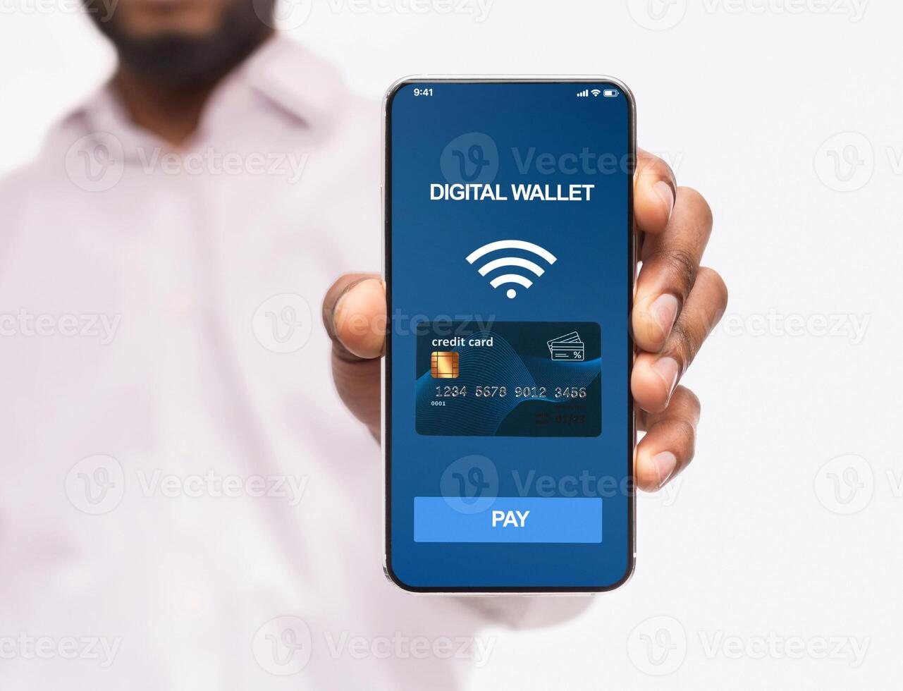 Mobile payment and modern cashless banking. Man holding smartphone with digital wallet application on screen, isolated on white background photo