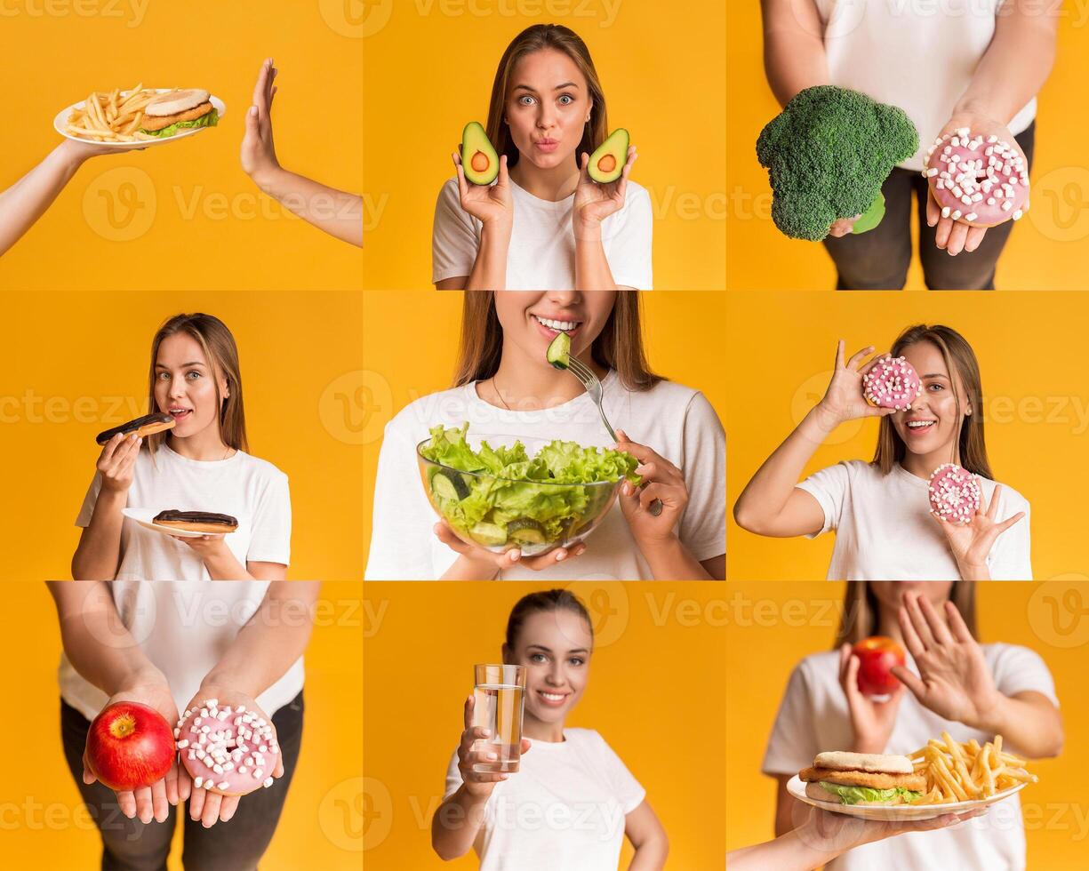 A woman displays various healthy foods and snacks against a vibrant yellow background. She highlights choices like avocados, apples, and salads while enjoying a mix of indulgent options. photo