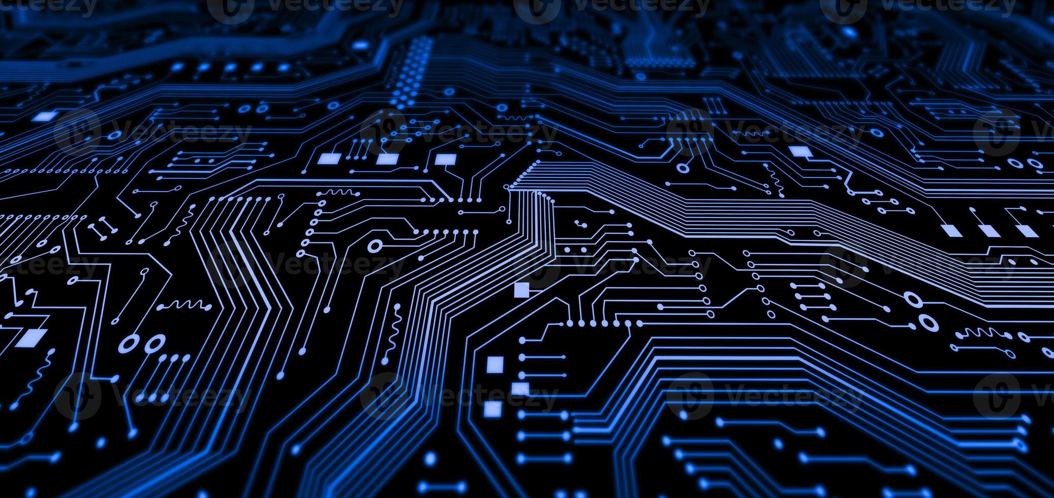 Technological illustration with blue microcircuit lines, close up view. Panorama photo