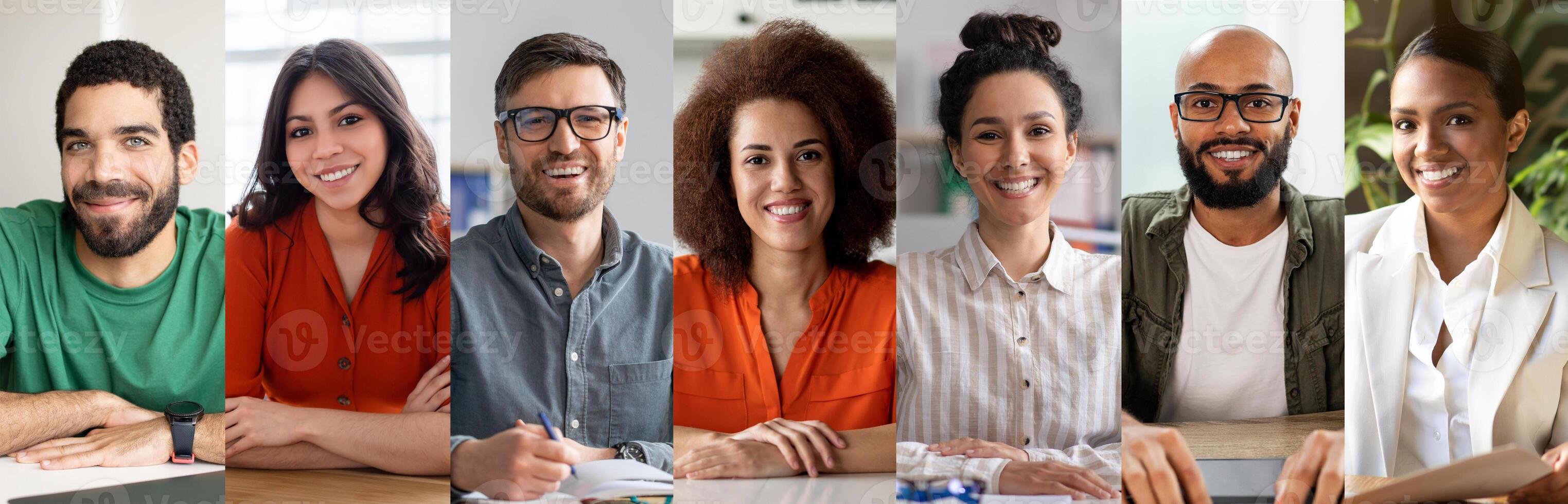 A diverse team of professionals is sitting together in a well-lit office, sharing smiles and presenting a collaborative atmosphere. They wear casual clothing and engage in discussions. photo