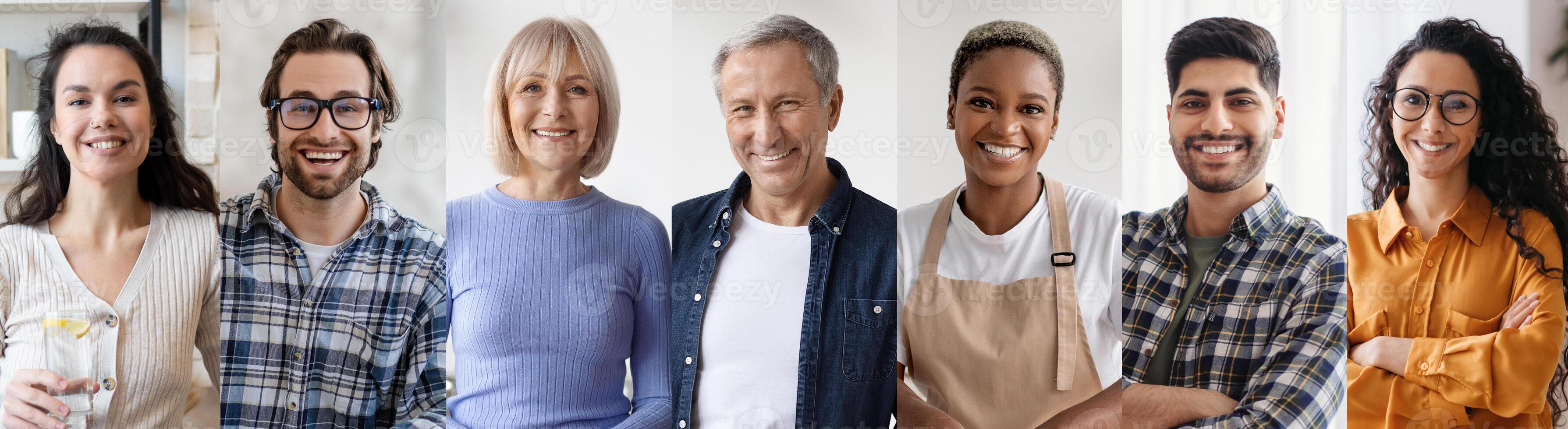 A diverse group of individuals stands side by side, all smiling warmly. They are in a well-lit space, suggesting a friendly workplace atmosphere, with varied attire reflecting their personalities. photo