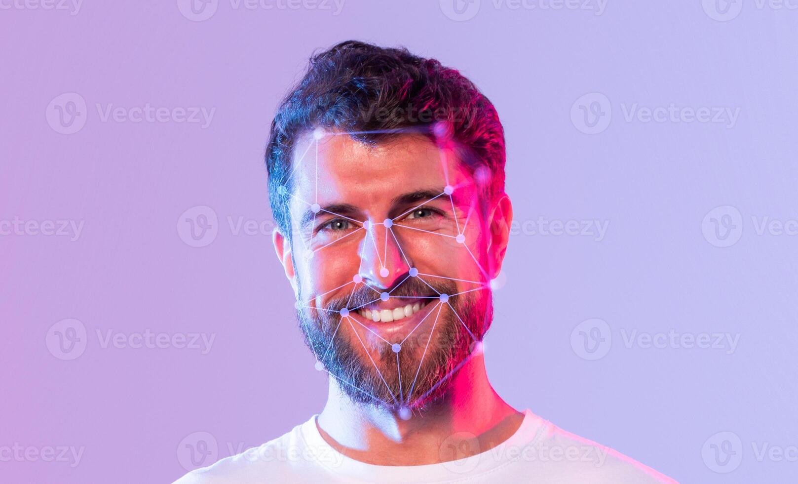 A smiling man is illuminated with colorful lights, showcasing facial recognition patterns on his face. This image highlights the intersection of technology and human expression. photo