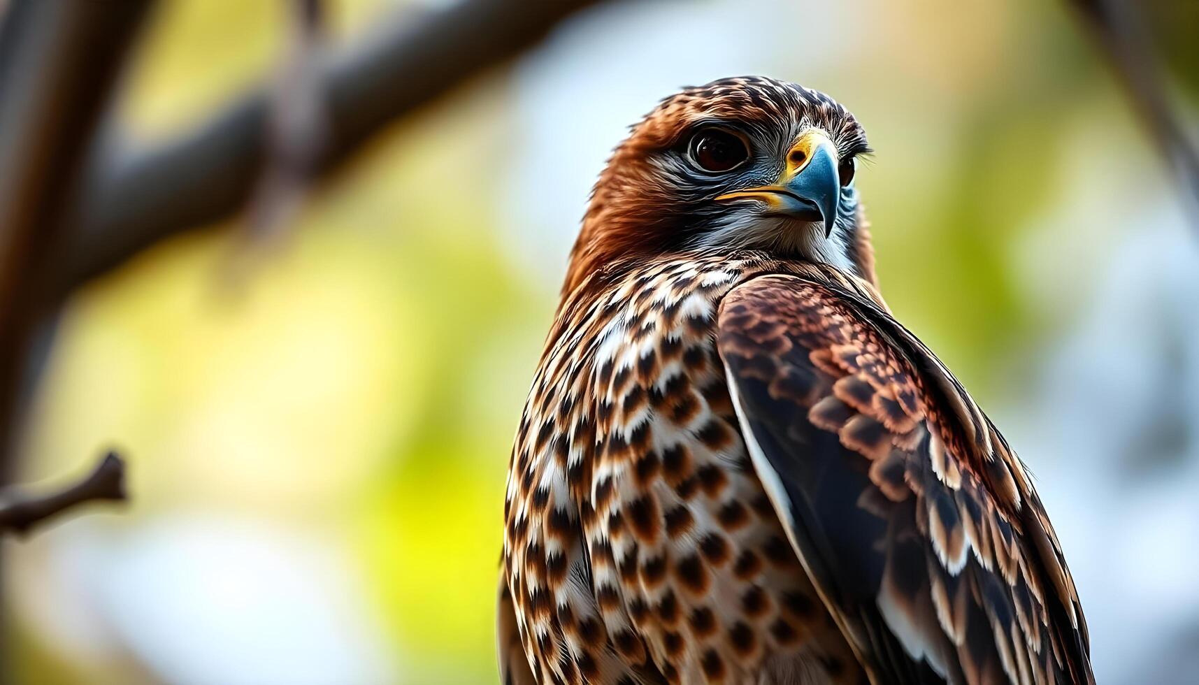 A hawk is perched on a branch with a blurry background photo