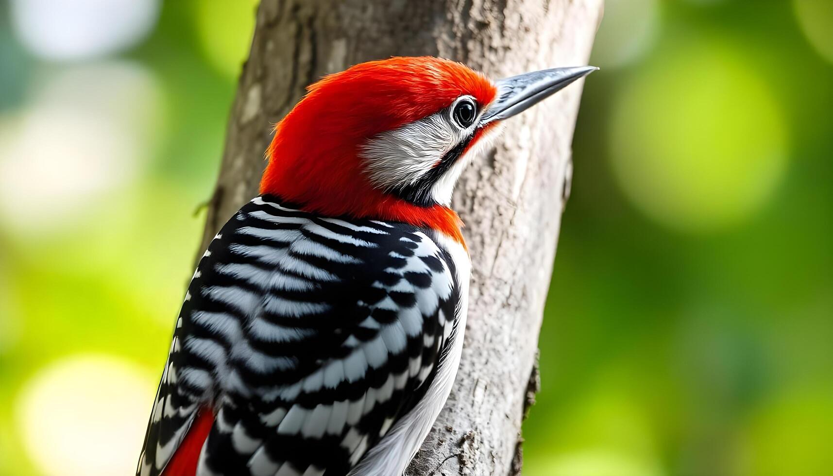 A red and white woodpecker perched on a tree photo