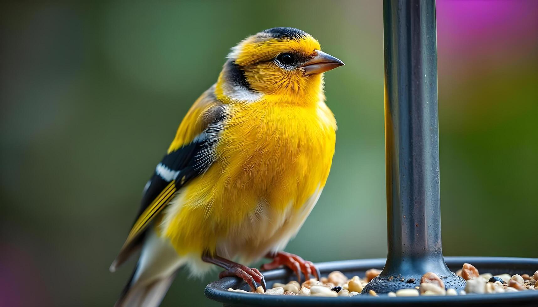 A yellow bird is sitting on a bird feeder photo