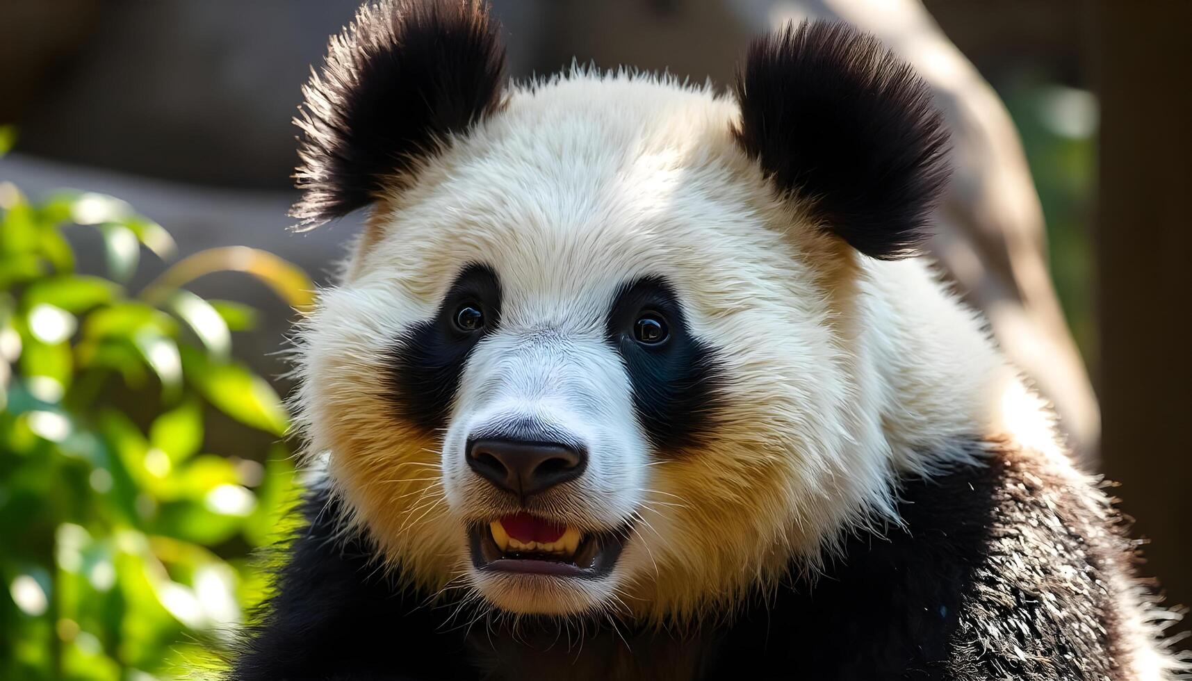 A panda bear with its mouth open and its eyes wide open photo