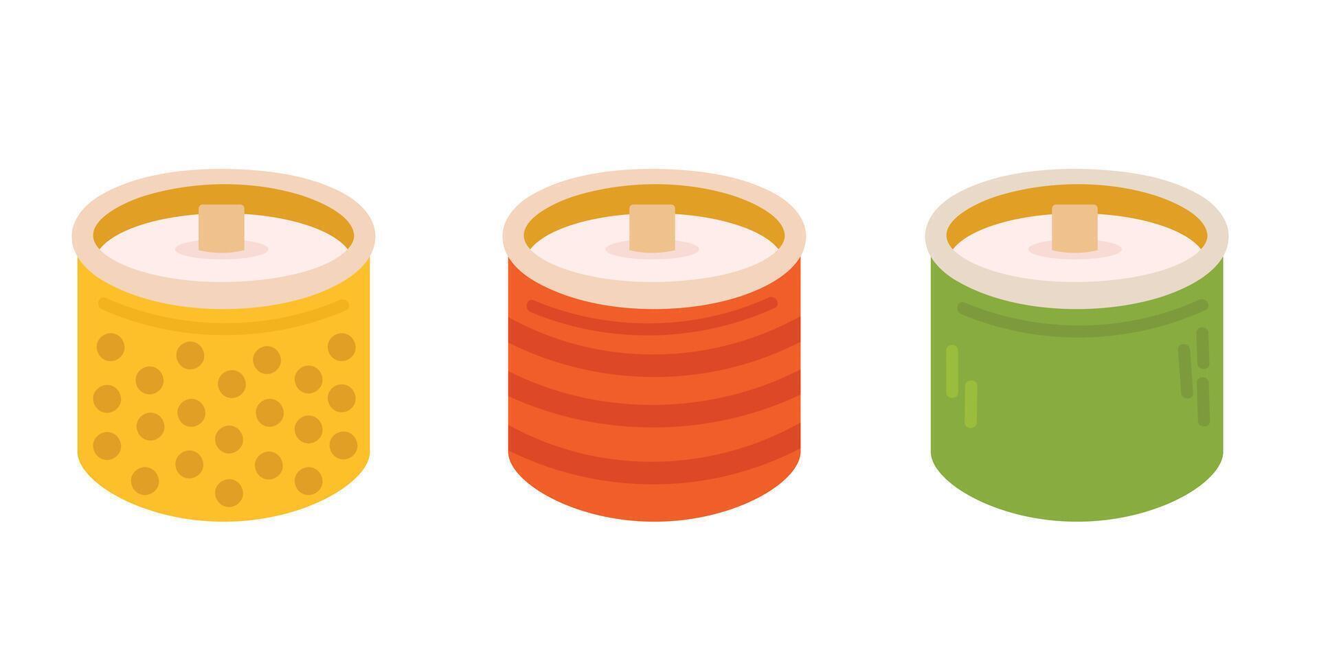 Various Candles. Different color and sizes. Decorative wax candles for relax and spa. Hand drawn set vector
