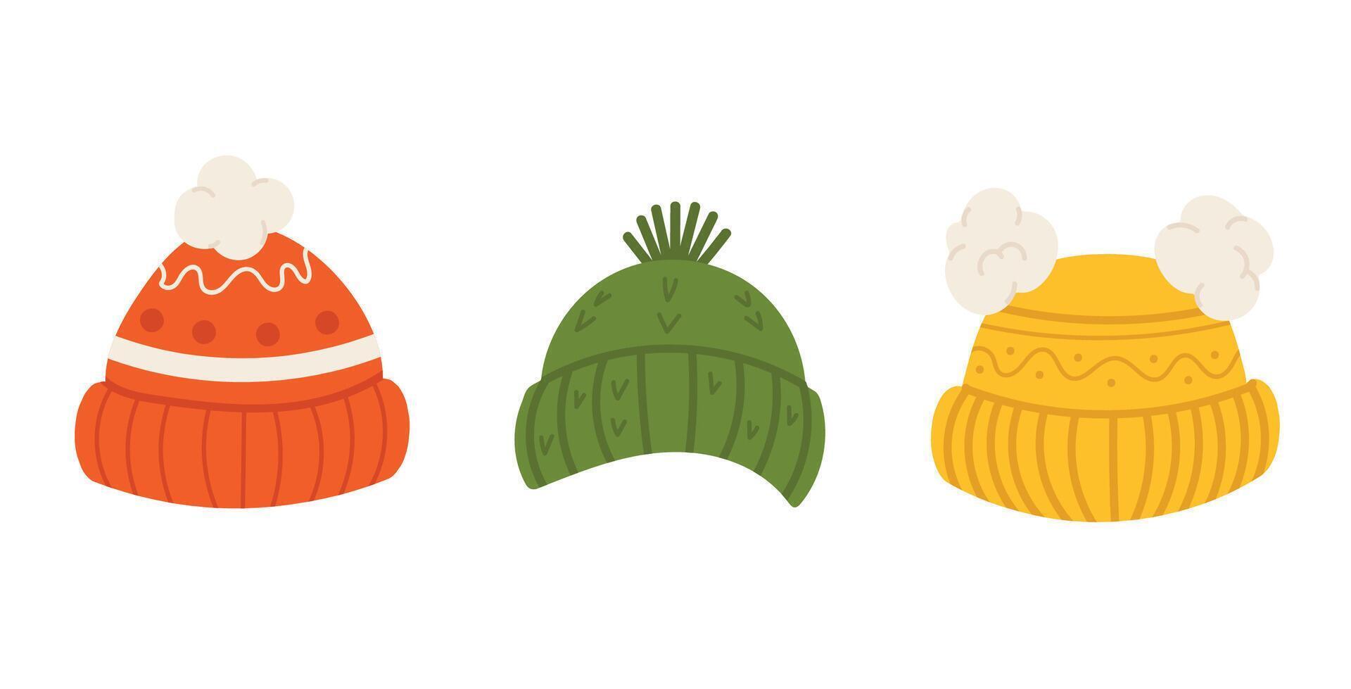 Set of Wool hats with pompom. Cute winter cap collection in flat style isolated on white background. vector