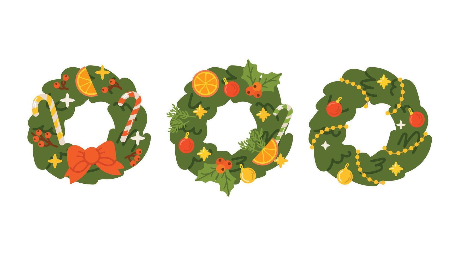 Christmas door wreath designs set. Fir branch circles with Xmas decor, ornaments, ribbon, baubles, flower, food for winter holiday decoration. Flat illustrations isolated on white background vector