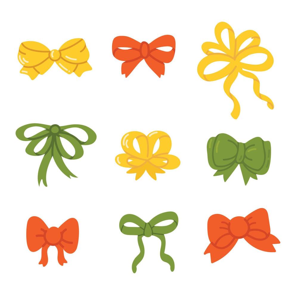 Red, green and yellow christmas bows. Hand drawn silk bow for holidays present boxes, Birthday gifts ribbon decoration flat illustration set. Cartoon bows collection vector