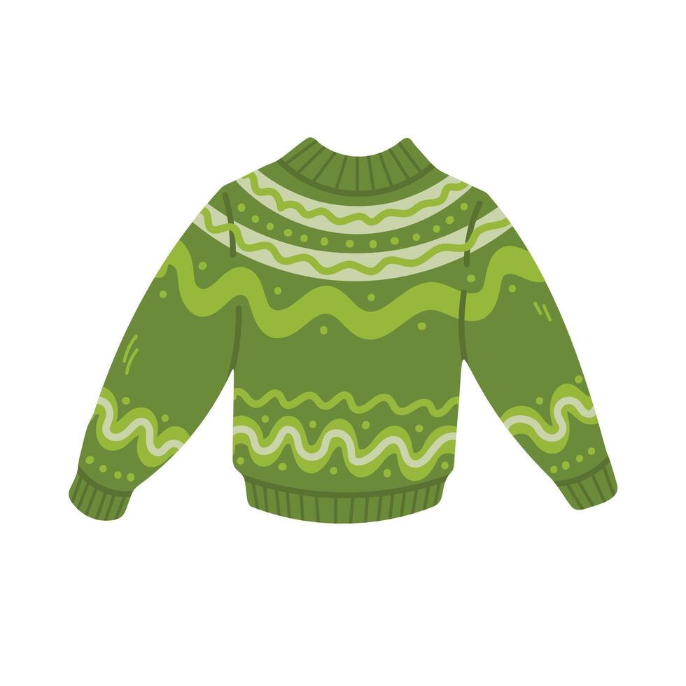 Christmas ugly sweater or jumper with decorative ornament. Knitted woolen warm clothing pullover. Hand drawn illustration in flat style. vector