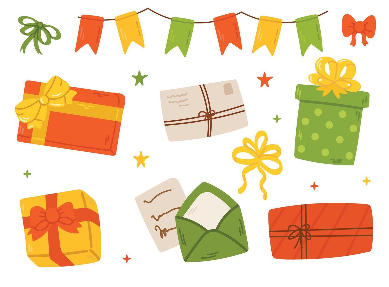 Set of gift boxes, lettres, ribbons and bows. Flat illustration. vector