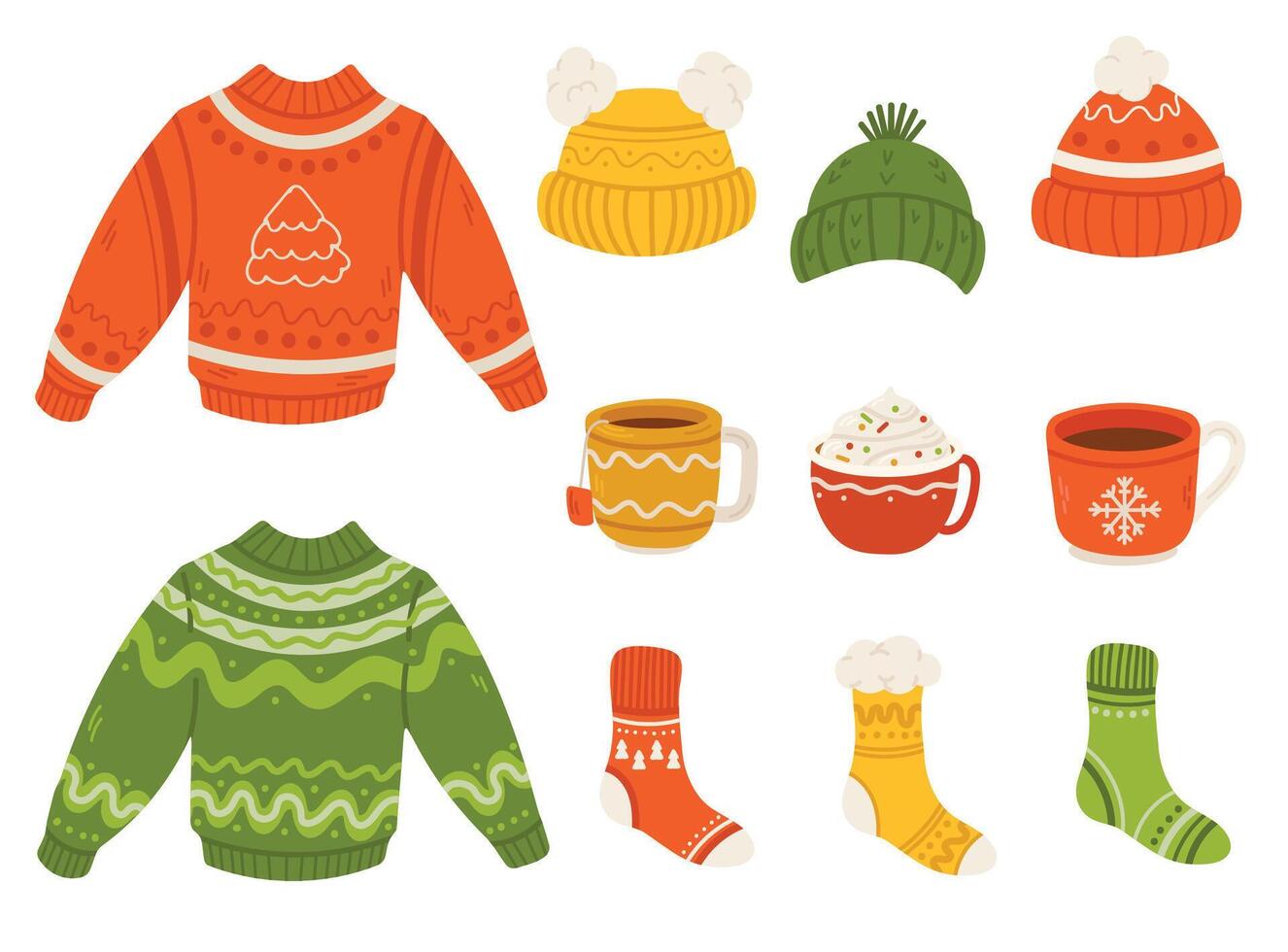 Set of knitted winter clothes and mugs. Cozy winter elements. Illustration in flat style. vector