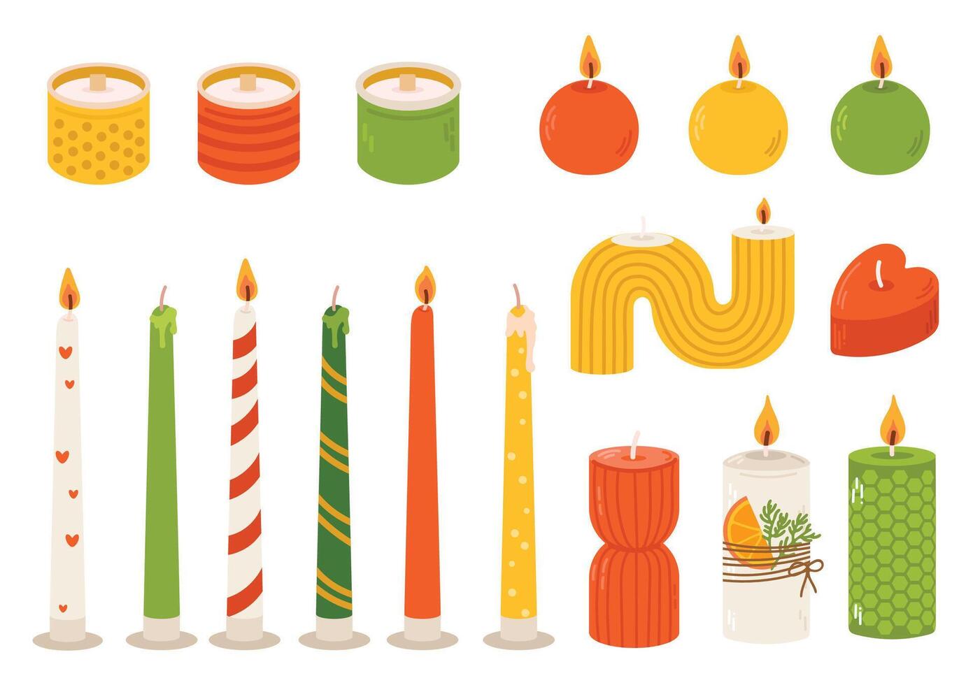Various set of Candles. Different size and shapes Candles in a flat style. vector