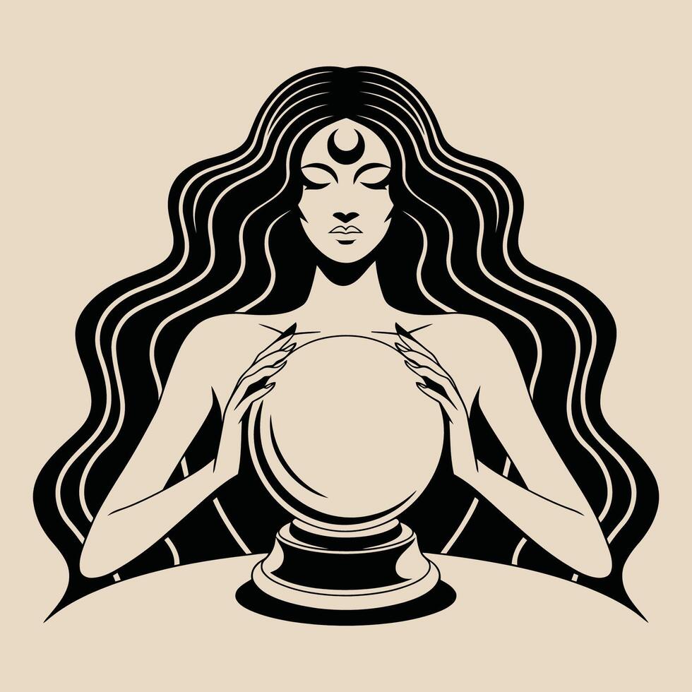 Mystical Woman with Crystal Ball and Crescent Moon Symbol Illustration vector