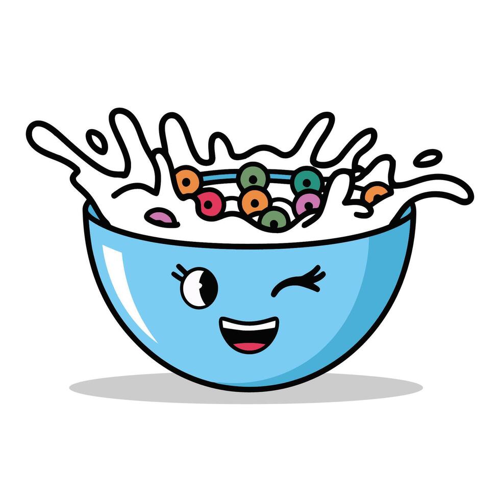 Cute cereal bowl with milk splash and smiling face illustration vector