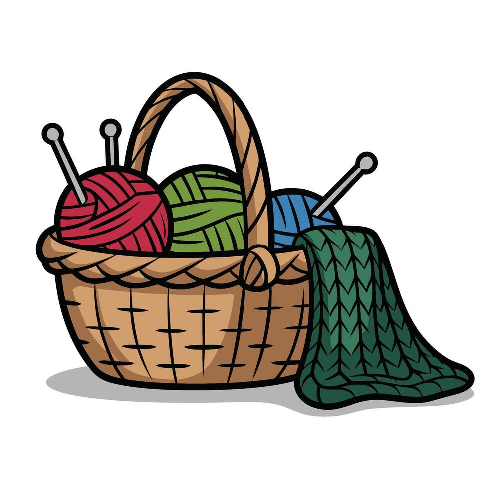 Colorful Yarn Balls in Woven Basket Illustration vector