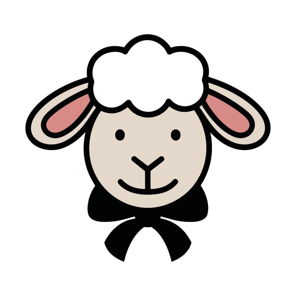 Cute Sheep Head with Fluffy Fur and Bow Cartoon Illustratioon vector