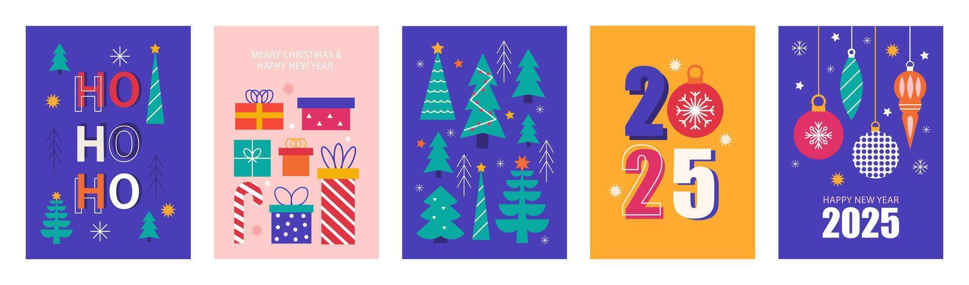 Merry Christmas and Happy New Year poster, greeting card modern set. Colorful illustration in flat style. Banner, holiday covers template vector