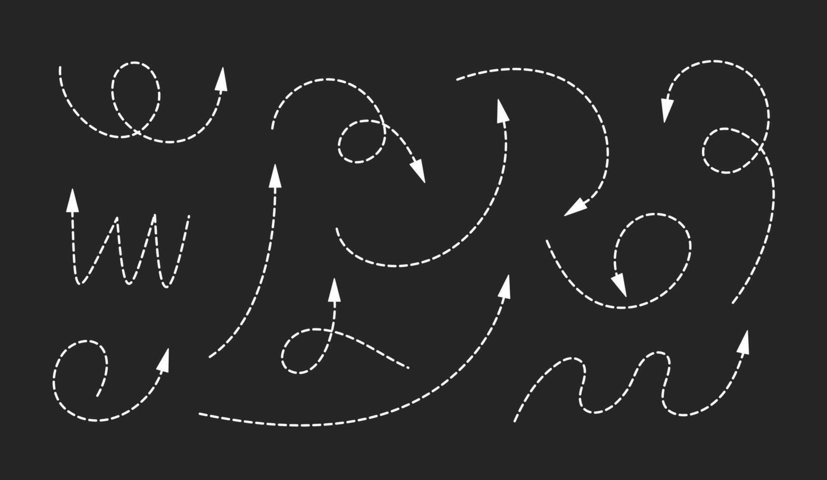 Dot lines and arrows. Set of hand drawn thin dash line arrows. Collection of curved pointers on black background. Dot pointers in different directions. vector