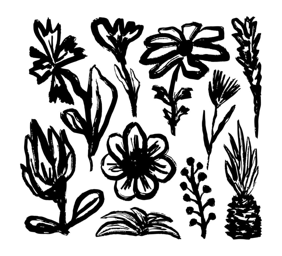 Hand drawn flower and leaf. art. Doodle Ink floral and plant abstract illustration. Sketch nature simple daisy, flower, leaves, graphic elements vector