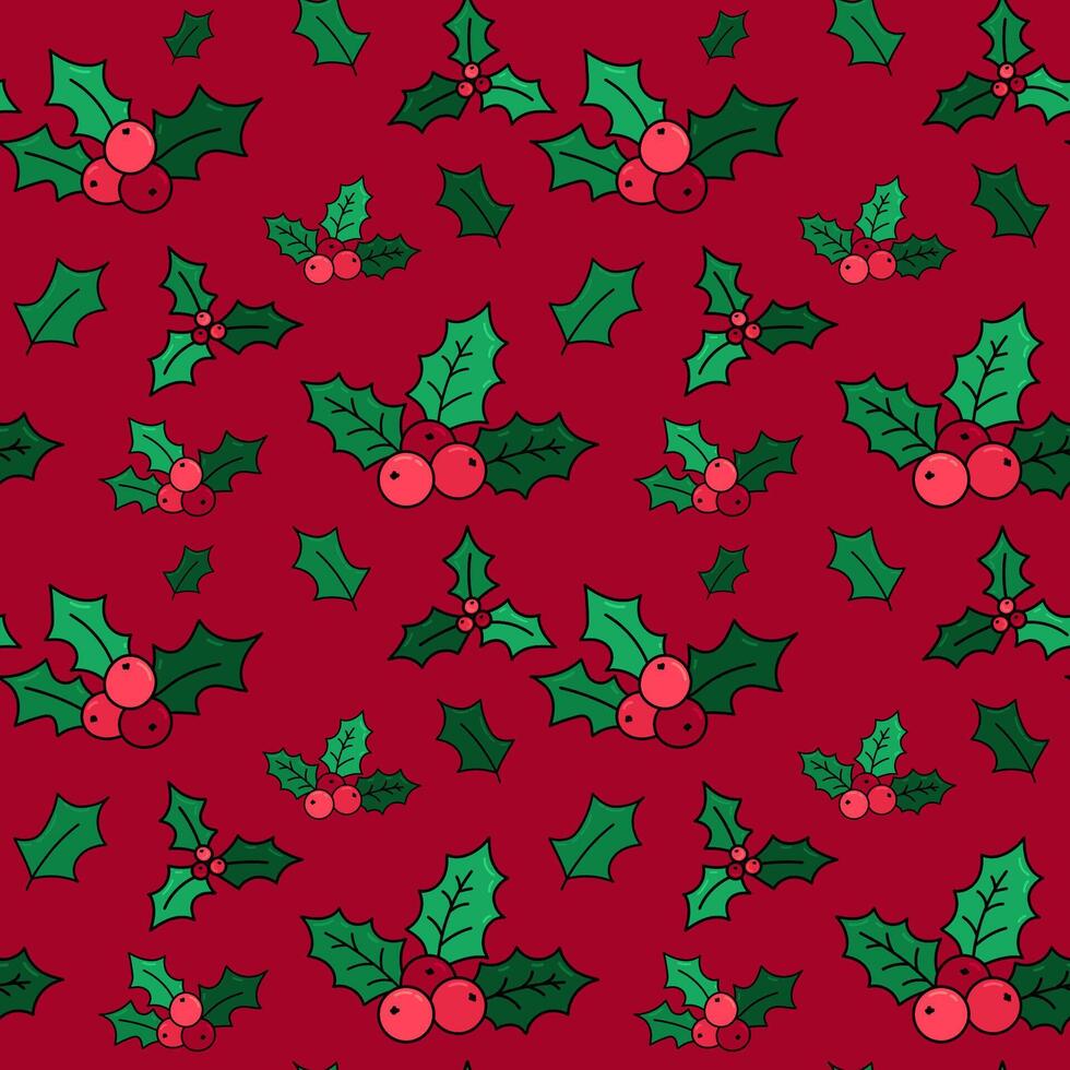 Holly Christmas Pattern. Christmas Seamless Pattern with Holly Leaf and Berries on Red Background. Winter holidays seamless pattern for postcards, banners, wrapping paper, festive print vector