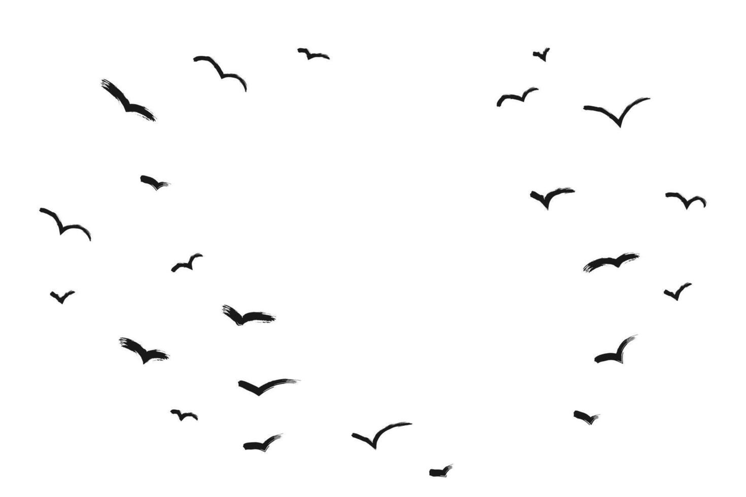 Flock of birds flying in semicircle, grunge brush silhouettes. Ink grunge flock of birds drawn with markers and crayons set vector