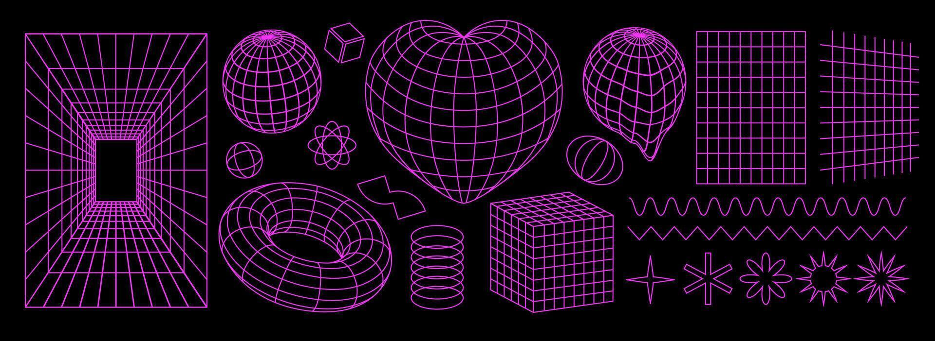 Geometry wireframe shapes and grids in neon pink color. Surreal geometric shapes, cyberpunk elements in trendy psychedelic rave style. 00s Y2k retro futuristic aesthetic. vector