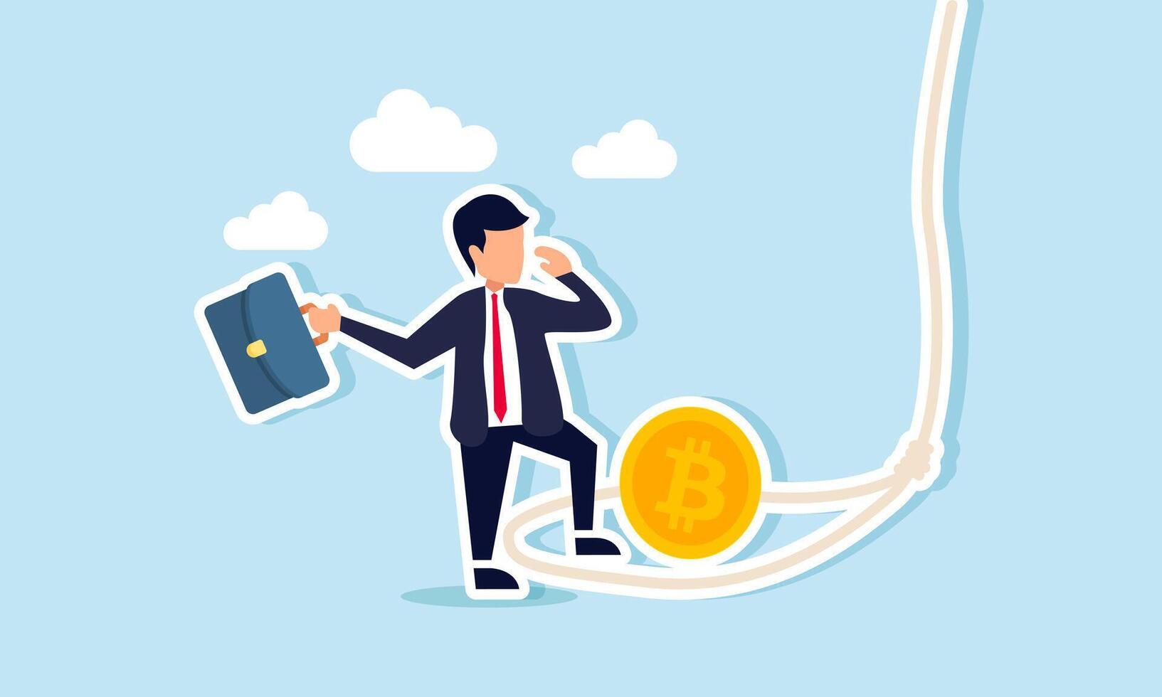A businessman walking, about to be trapped by a rope looping around a bitcoin, illustration of an investment asset trapped in bitcoin loss with the solution being cut loss vector