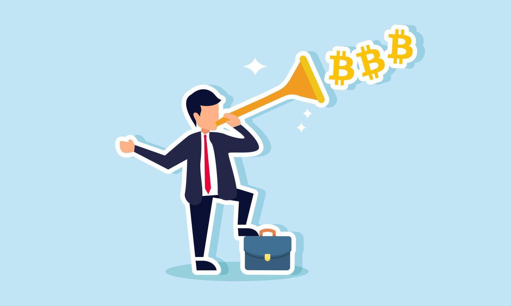 A businessman blows a trumpet, releasing several bitcoin signs, illustration of passion in managing bitcoin investments vector