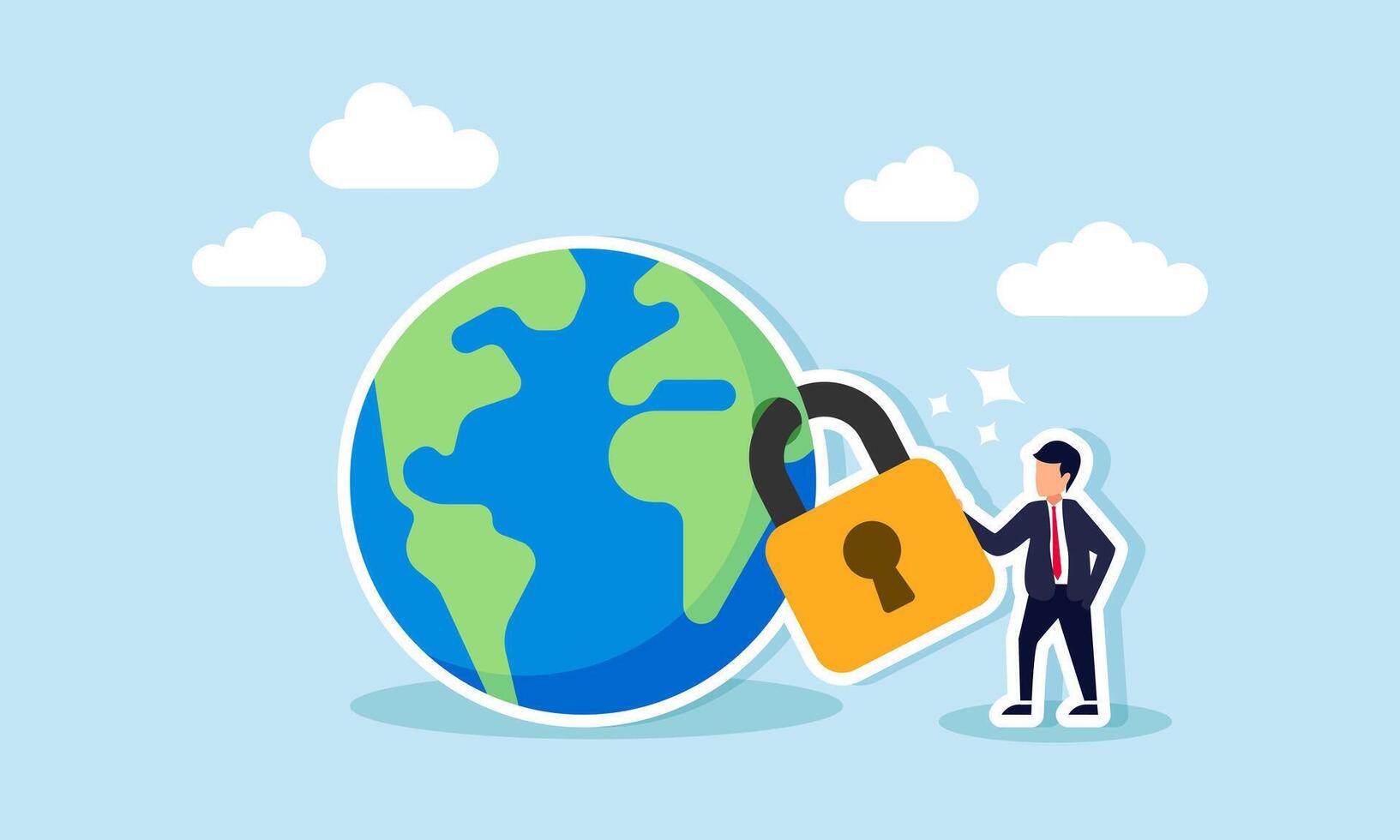 A businessman stands beside a globe locked with a padlock, illustration of a business model that creates customer dependence on a specific product vector